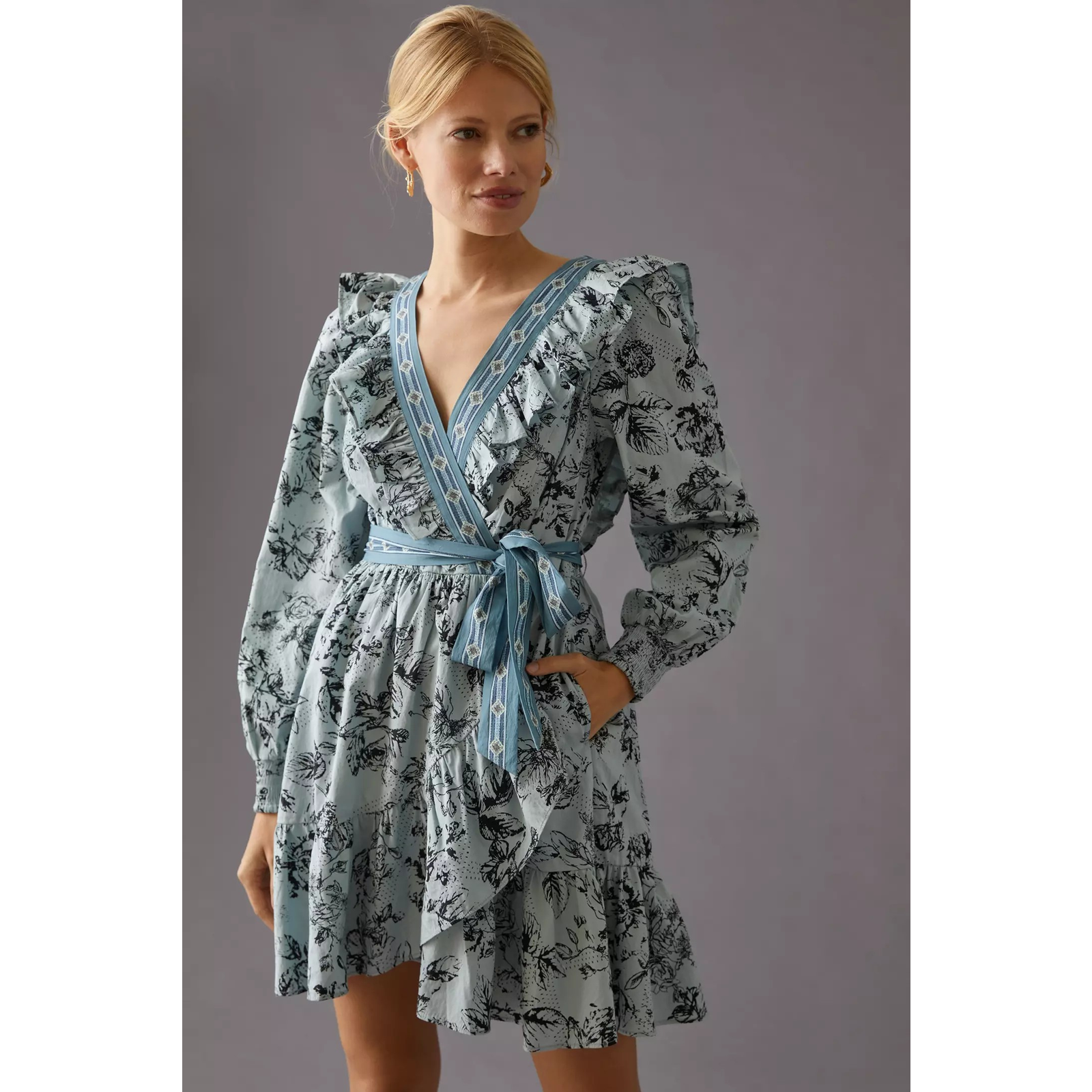 Anthropologie Light Blue Floral Wrap Mini Dress